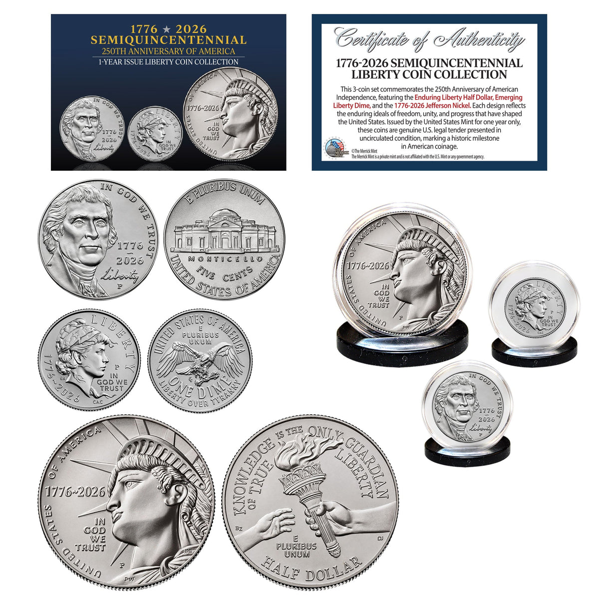 (P-MINT) 1776โ2026 Semiquincentennial Liberty 3-Coin Set โ USA 250th Collector's Edition
