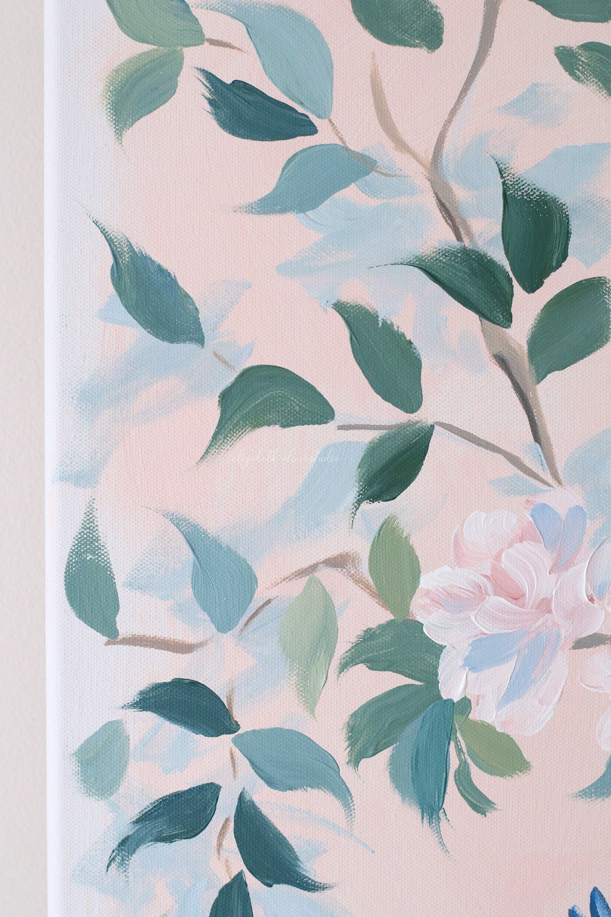 "Claire," Original blush pink chinoiserie painting with birds and flowers (No. 509) - 24 x 36
