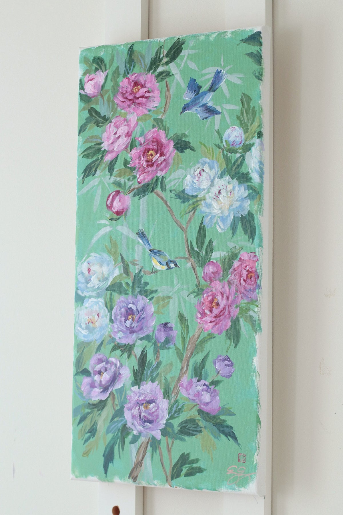 "Lena," Original green chinoiserie painting of birds and peonies (No. 511) - 12 x 24