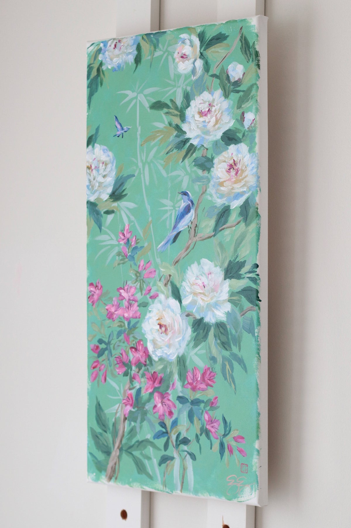 "Cecilia," Original green chinoiserie painting of peonies, azaleas, bird, and butterfly (No. 512) - 12 x 24