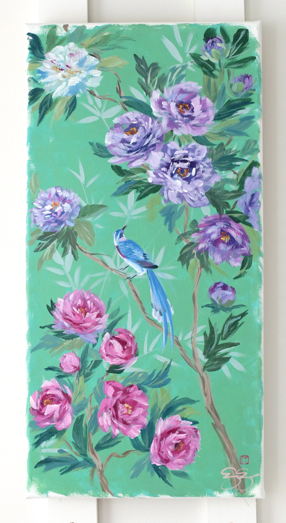 "Lily," Original green chinoiserie painting of peonies and blue bird (No. 513) - 12 x 24