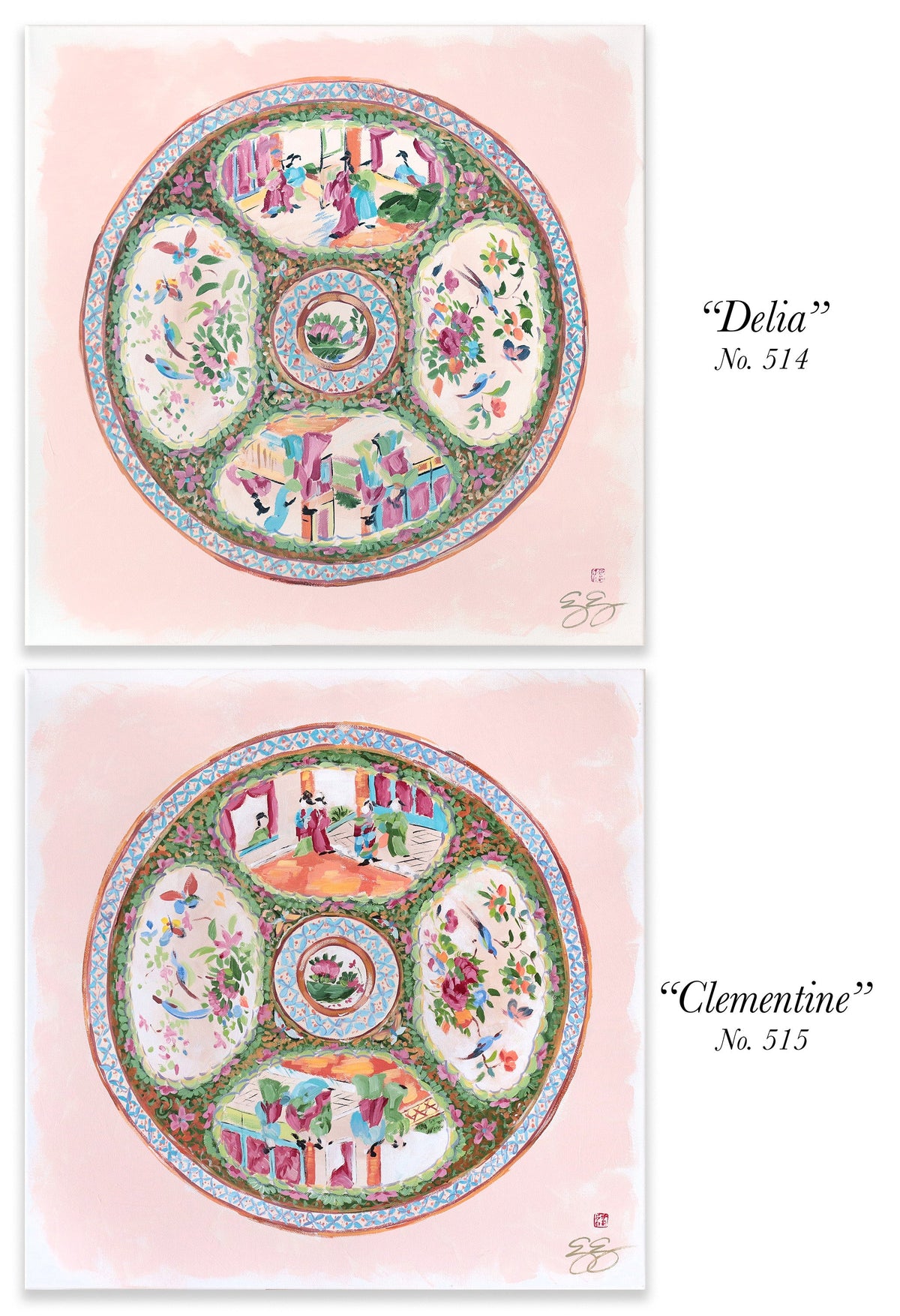 "Clementine," Original painting of chinoiserie Rose Medallion plate (No. 515) - 20 x 20