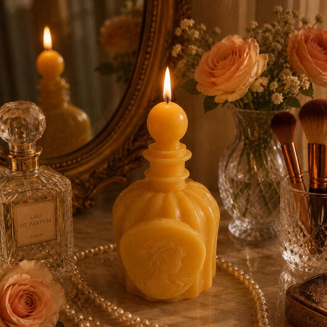 Vintage Inspired Perfume Bottle Beeswax Candle