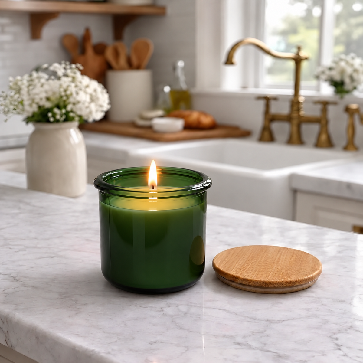 Beeswax Candle Poured in USA in 10 oz Evergreen Colored Recycled Spanish Glass Jar with Bamboo Lid