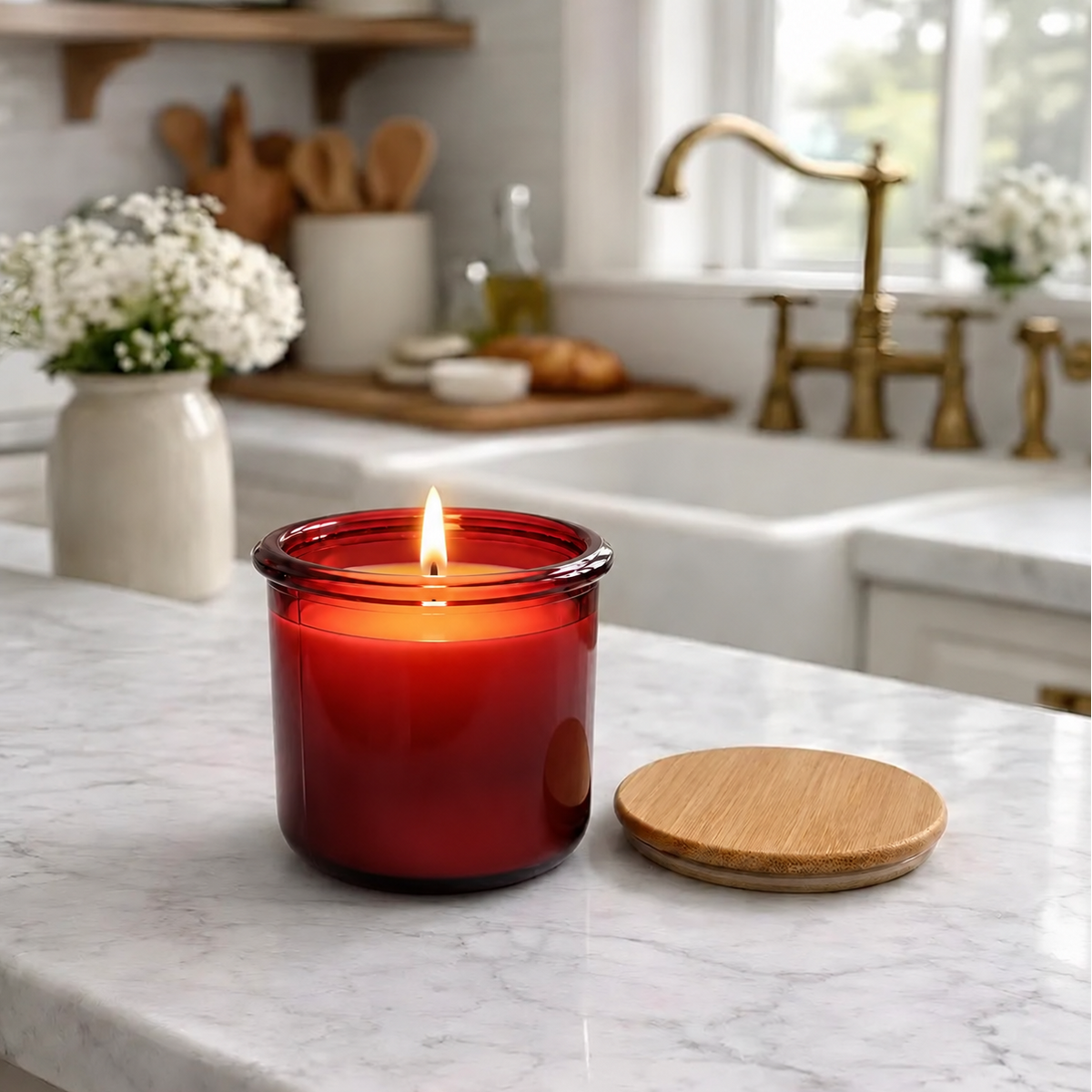 Beeswax Candle Poured in USA in 10 oz Crimson Colored Recycled Spanish Glass Jar with Bamboo Lid
