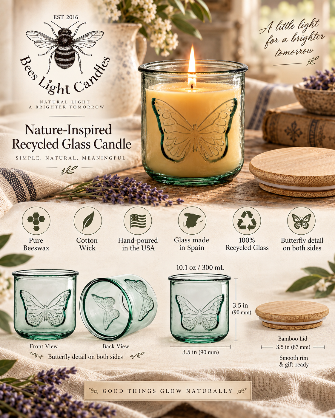 Butterfly Beeswax Candle – 10 oz Recycled Spanish Glass Jar with Bamboo Lid Hand Poured in USA