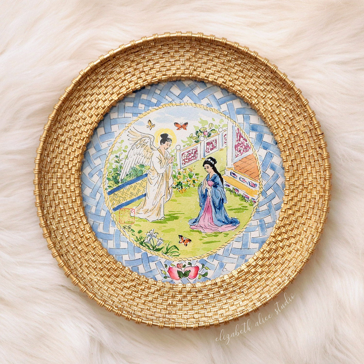 Chinoiserie Christmas original watercolor painting, The Annunciation
