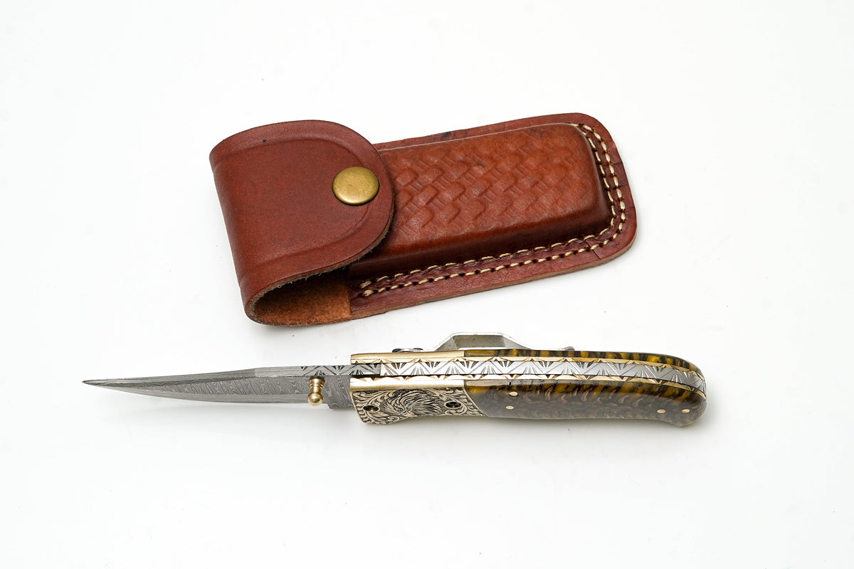 Custom Damascus Steel Clip Point Folding Knife | HAND Engraved Eagle Bolster & Amber Pine Cone Handle TF-104