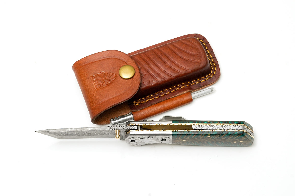 Damascus Steel Tanto Folding Knife | Engraved Bolster & Green Pine Cone Handle | Includes Sharpening Rod TF-123