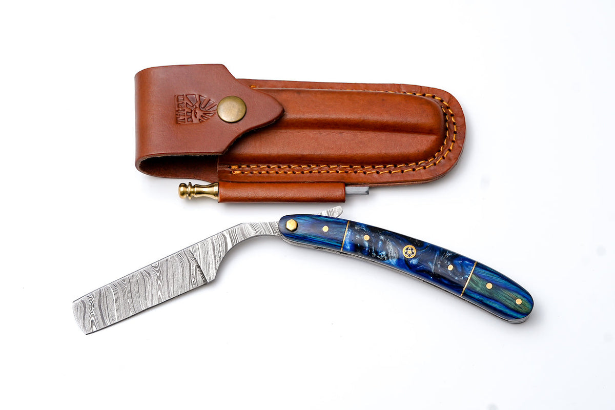 Damascus straight razor with blue resin handle TK-528