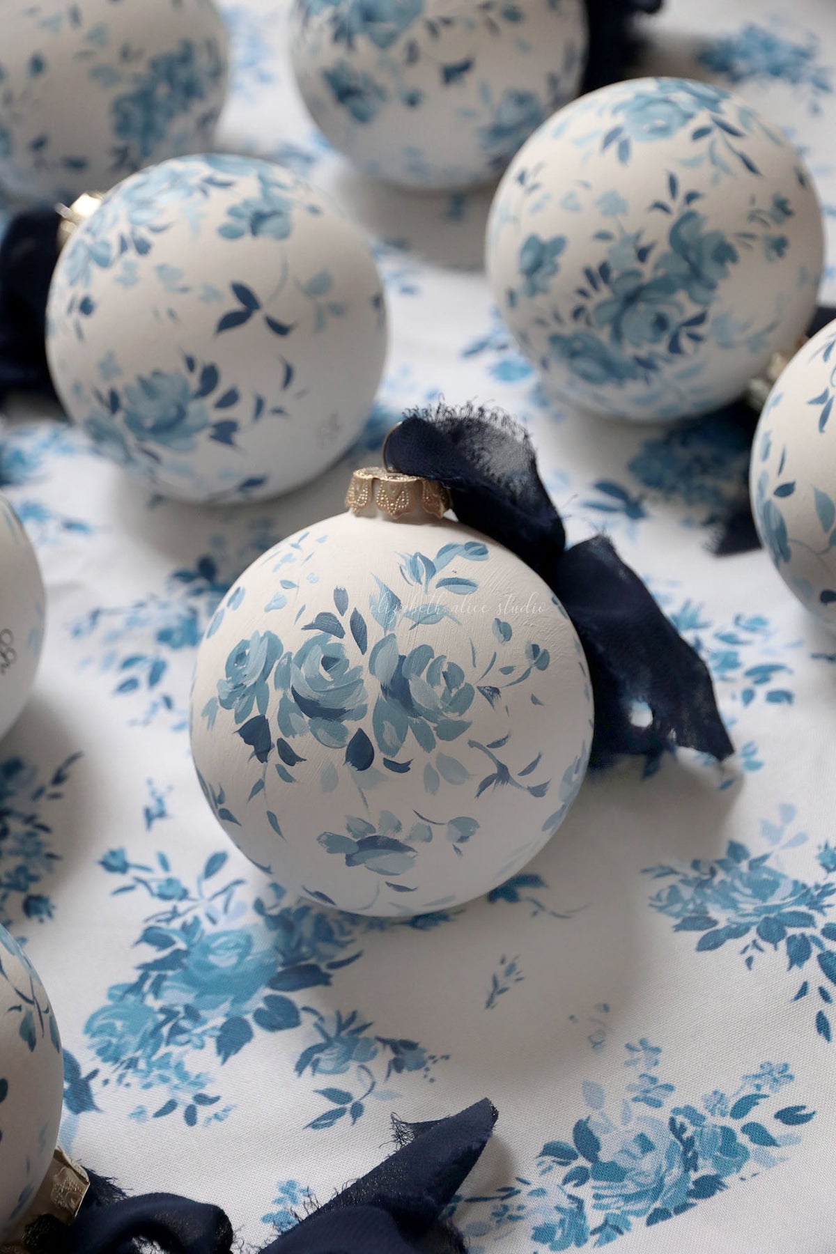 Blue vintage rose hand-painted ornament, made to order