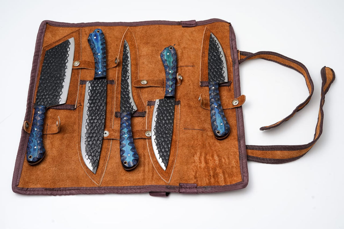 5-Piece Hand-Forged Kitchen Knife Set - Dragon Scale Carbon Steel - Blue Diamond wood Handles & Leather roll - CK-001