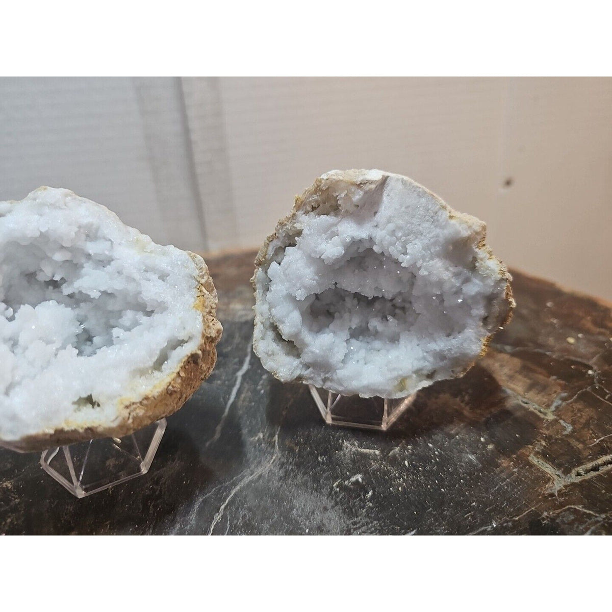 Moroccan Quartz Geode Pair with Display Stands — 1.18 lbs