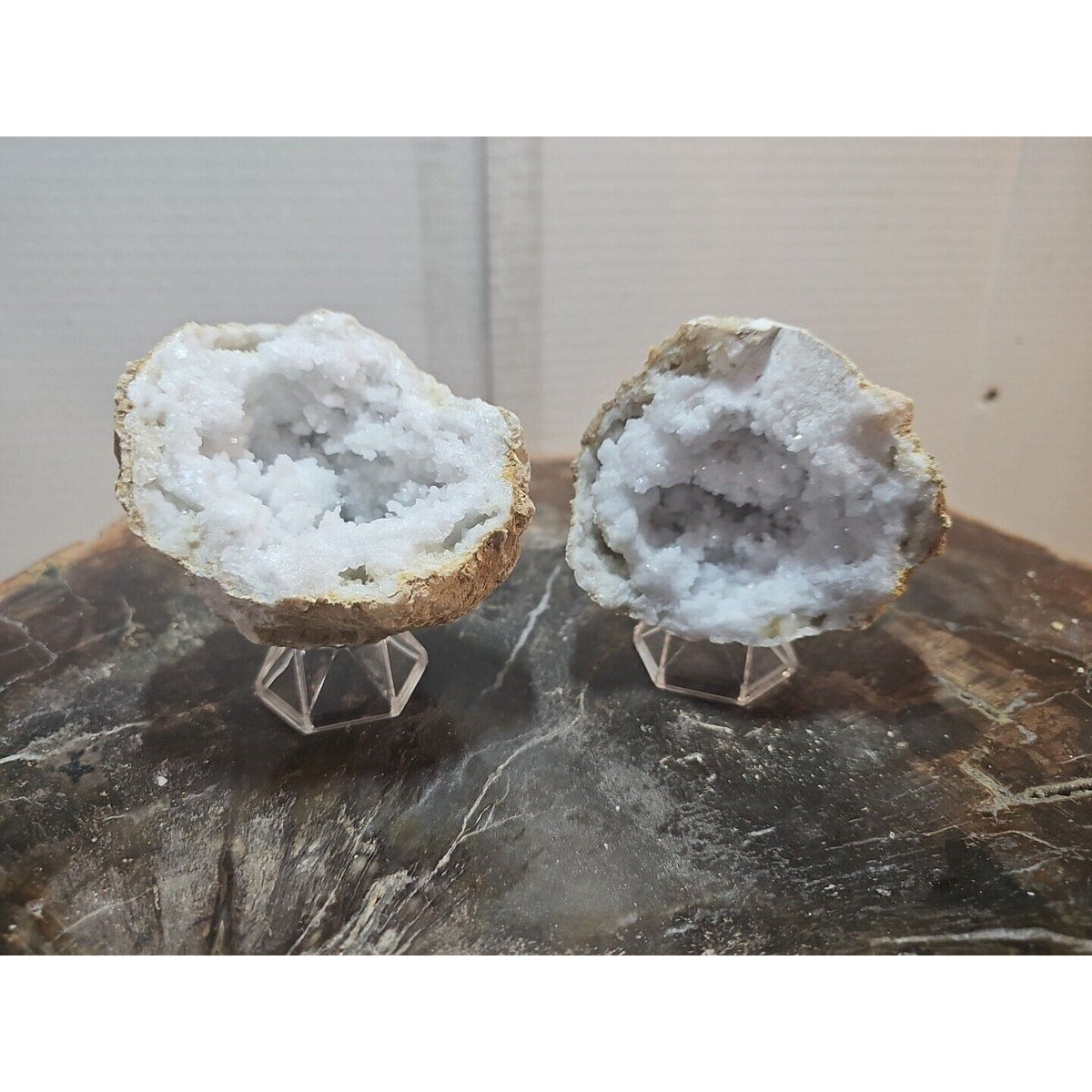 Moroccan Quartz Geode Pair with Display Stands — 1.18 lbs