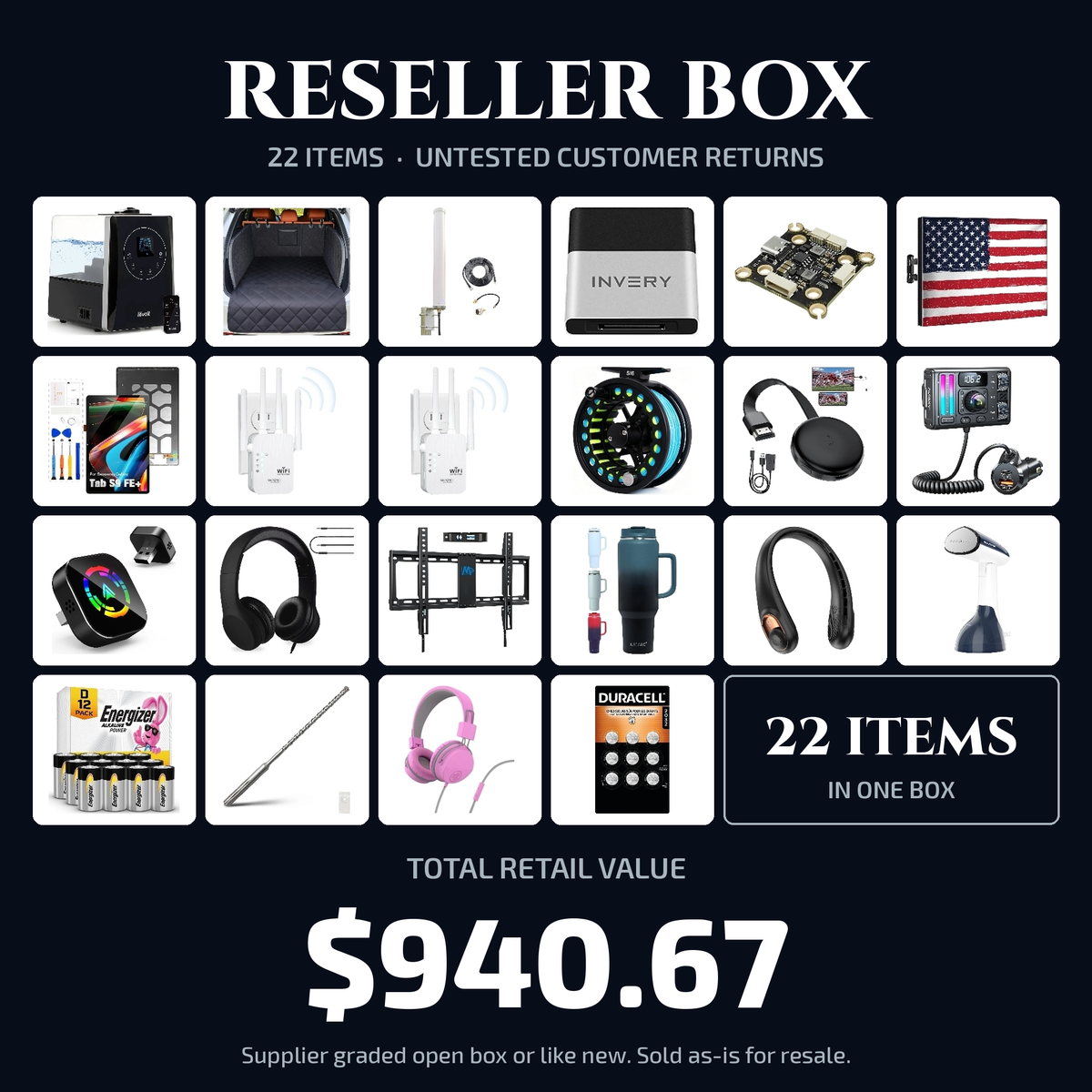 Reseller box cover: every item in the box and the total retail value