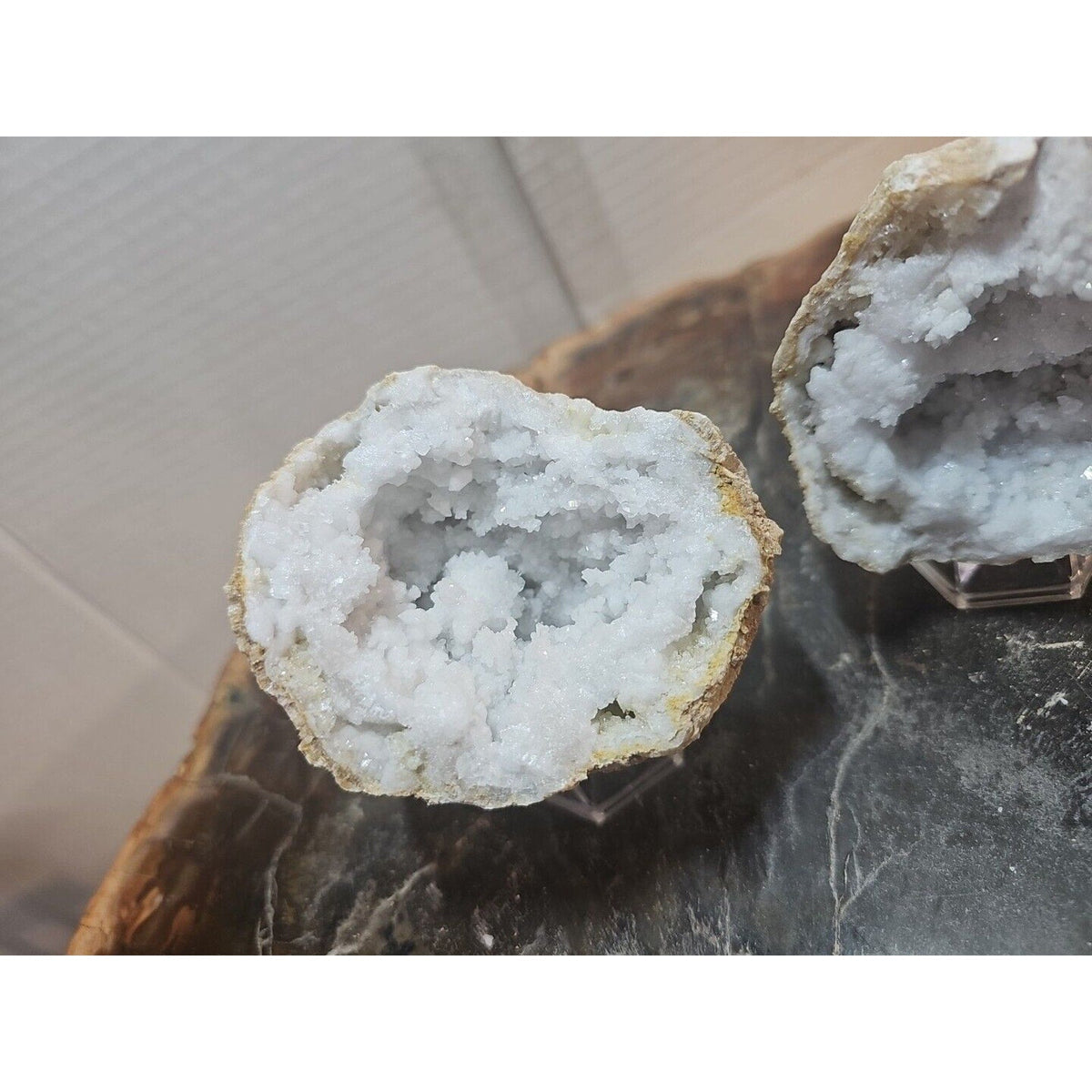 Moroccan Quartz Geode Pair with Display Stands — 1.18 lbs