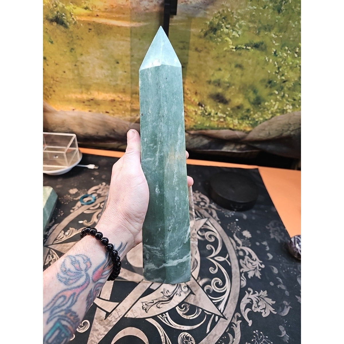 4.69lbs 12in Tall Green Jasper Crystal Point Tower Healing