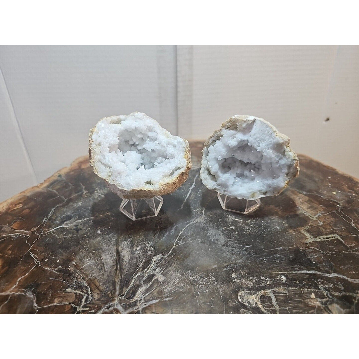 Moroccan Quartz Geode Pair with Display Stands — 1.18 lbs