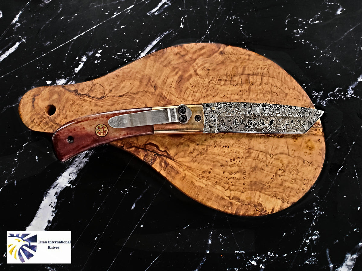Damascus Steel Folding Knife Tanto Blade Dyed Bone Handle and Copper Bolster Titan Pocket Samurai