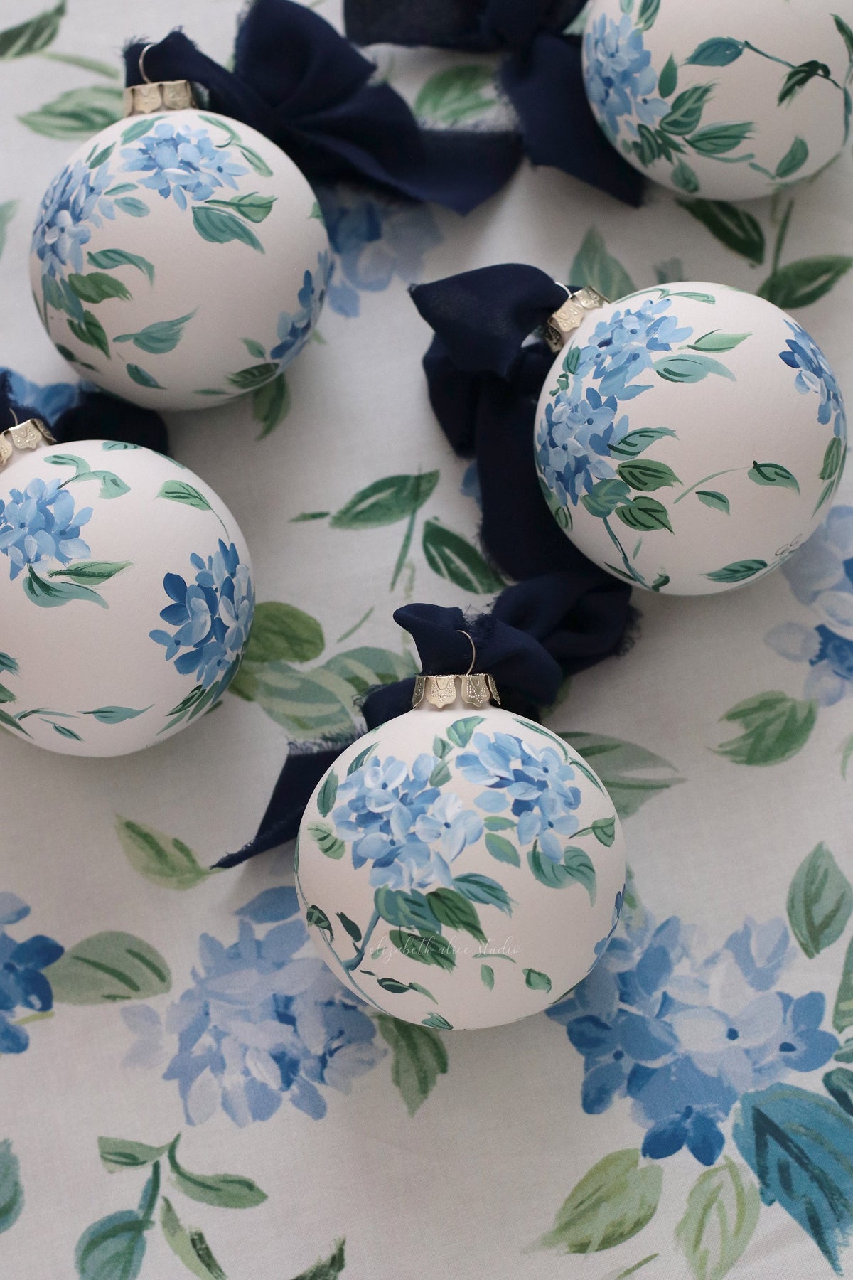 Blue hydrangea chinoiserie hand-painted ornament