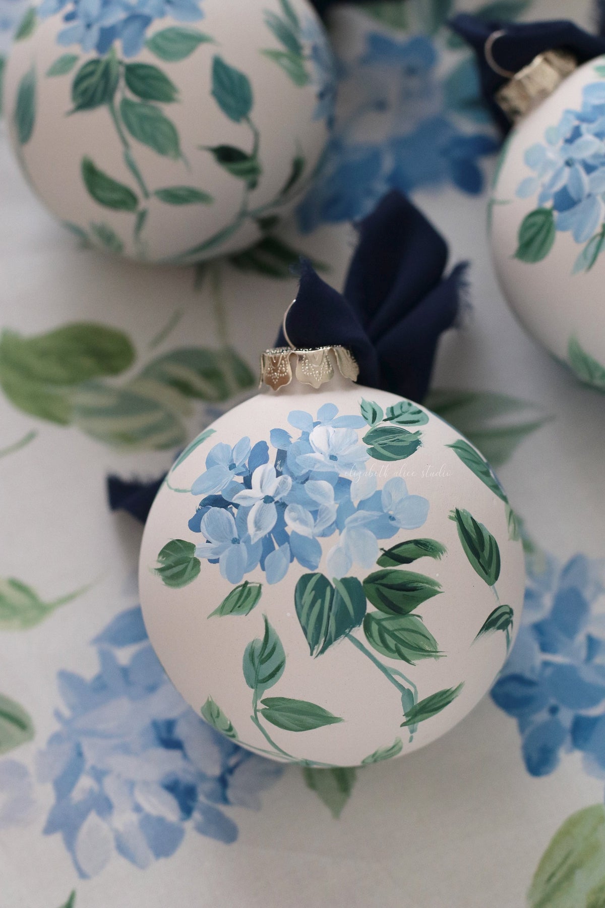 Blue hydrangea chinoiserie hand-painted ornament
