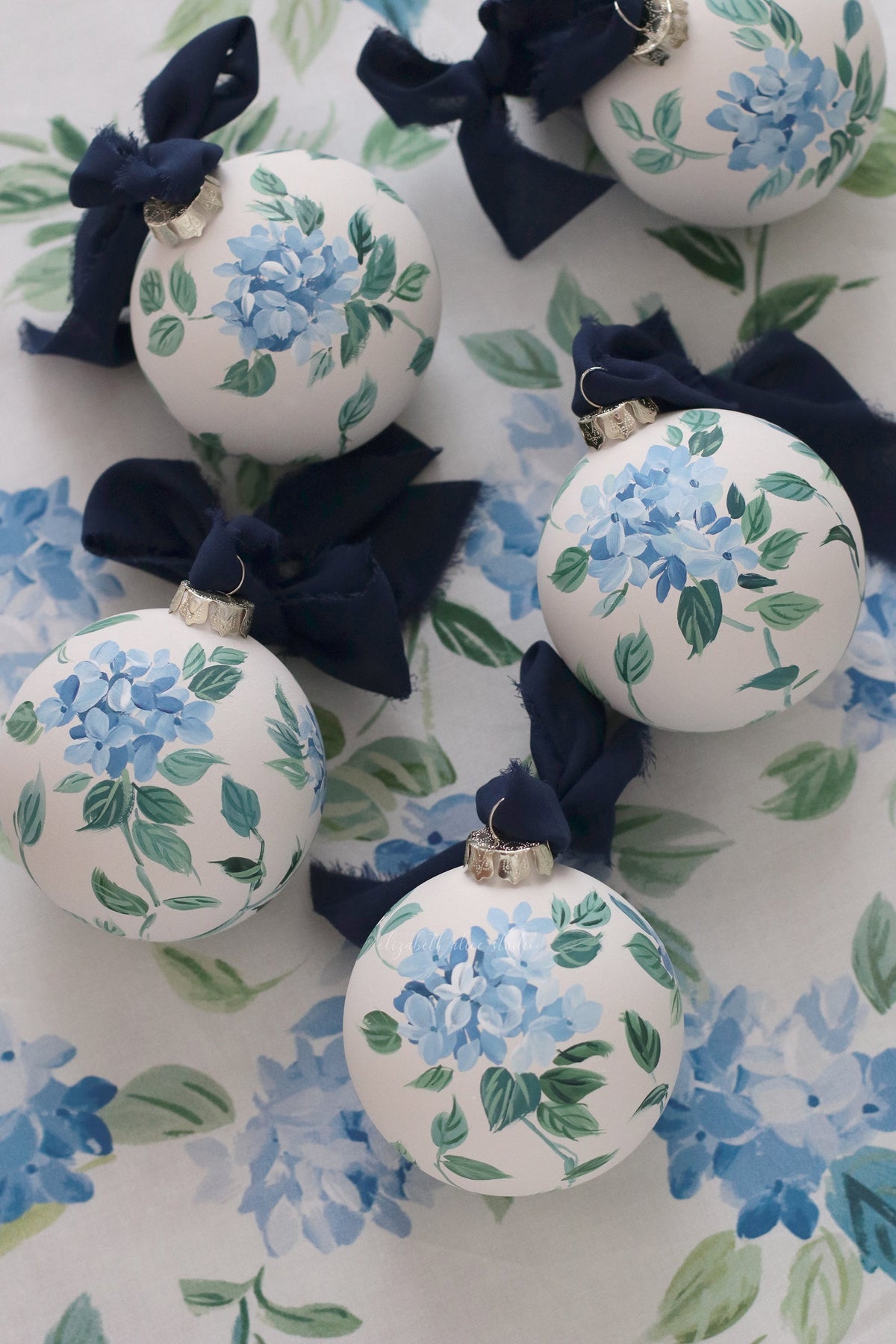 Blue hydrangea chinoiserie hand-painted ornament
