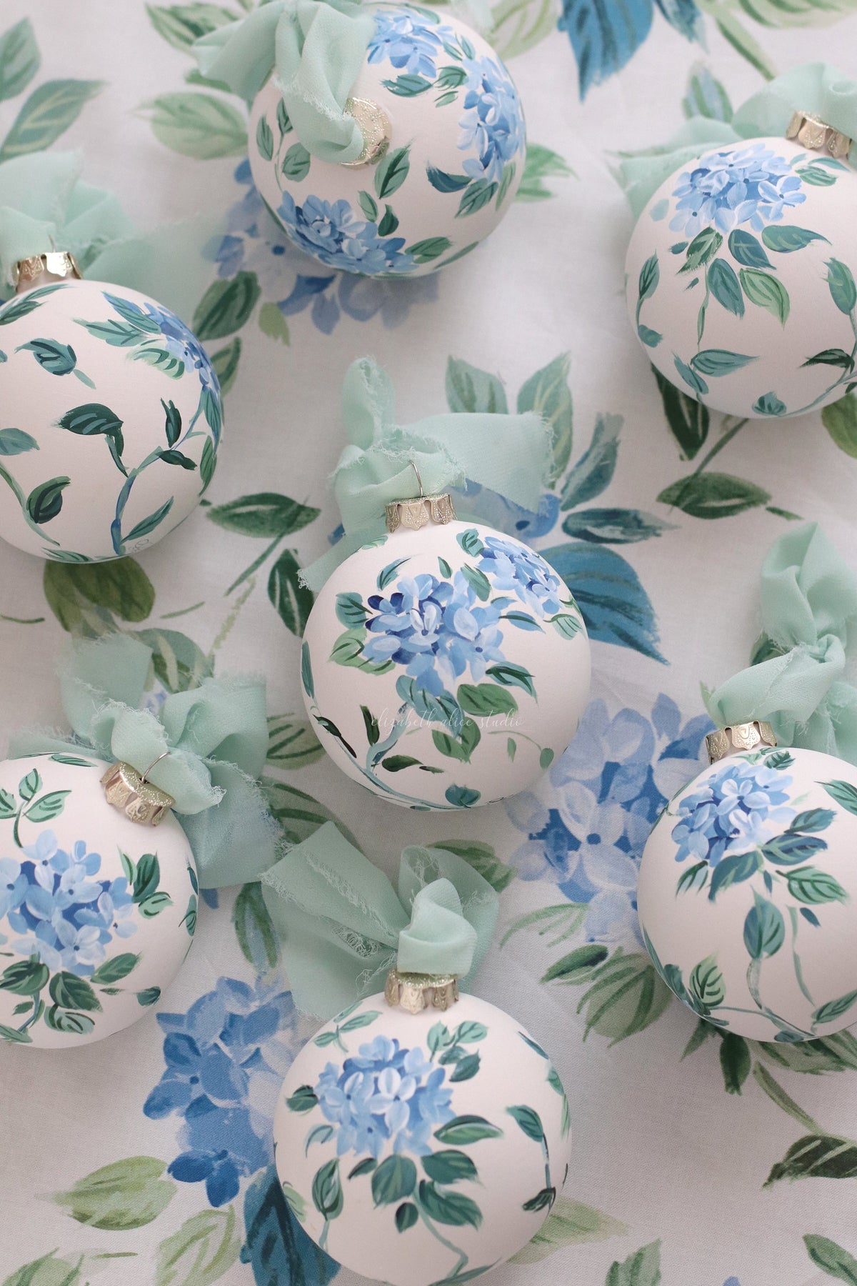 Blue hydrangea chinoiserie hand-painted ornament