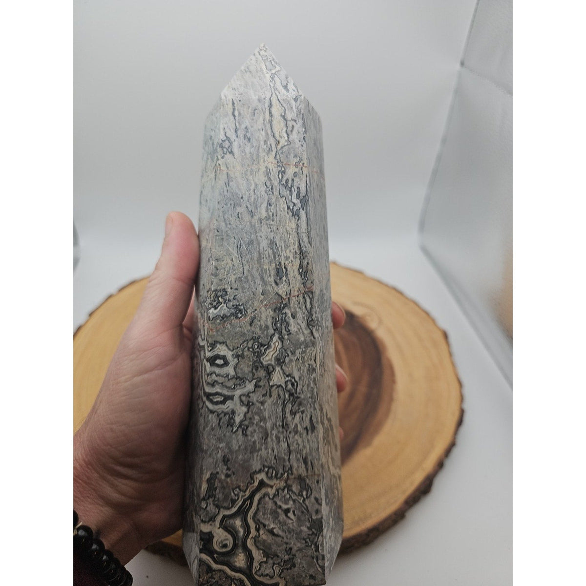 3.81LB 1Pcs Natural Gray Crazy Lace Jasper Crystal Point Tower Healing