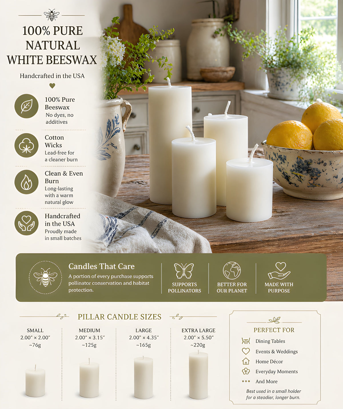 White Beeswax 2 Inch Pillar Candle Set