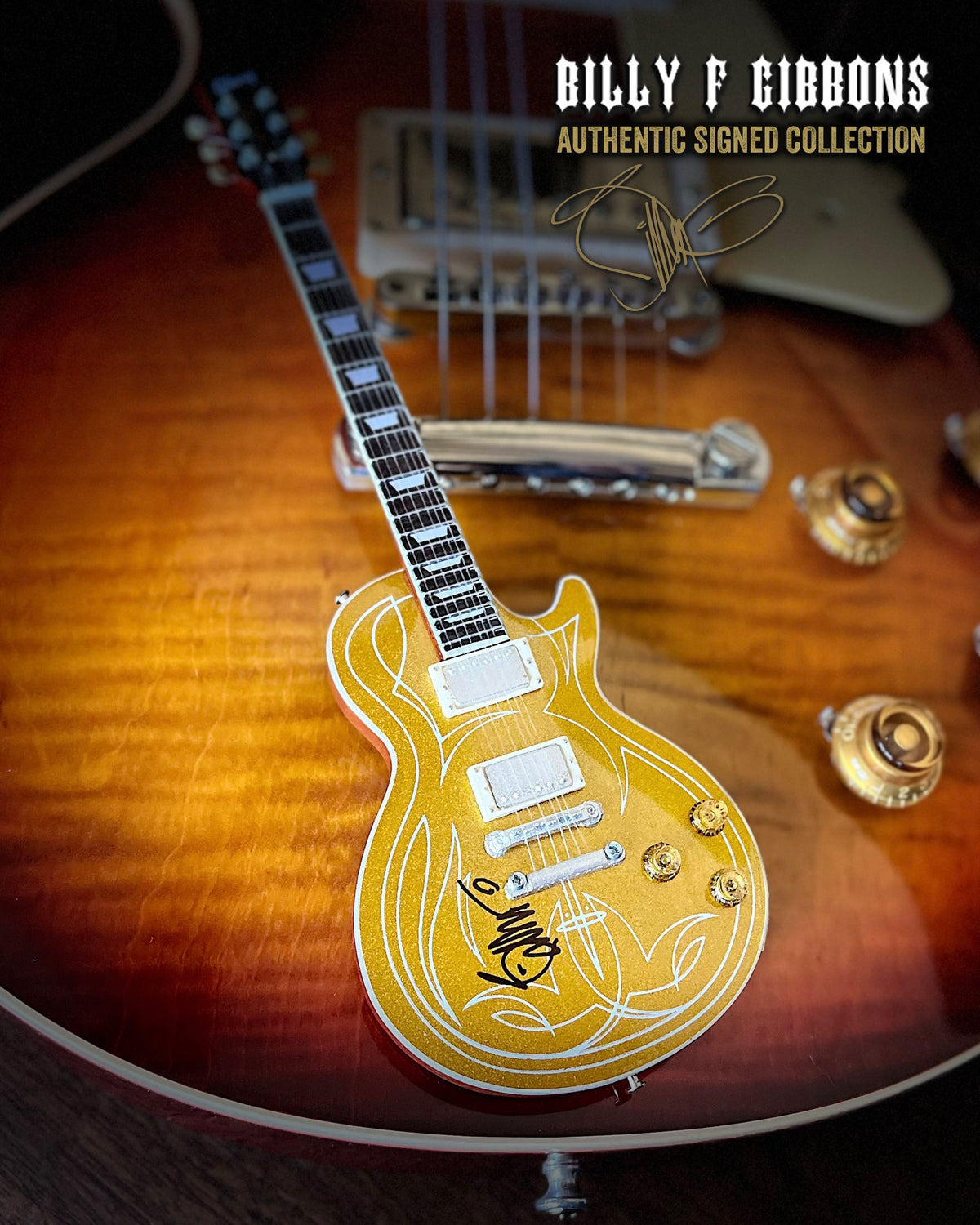 Billy F Gibbons AUTOGRAPHED "Pinstripe" Gibson Les Paul Goldtop Mini Guitar Model