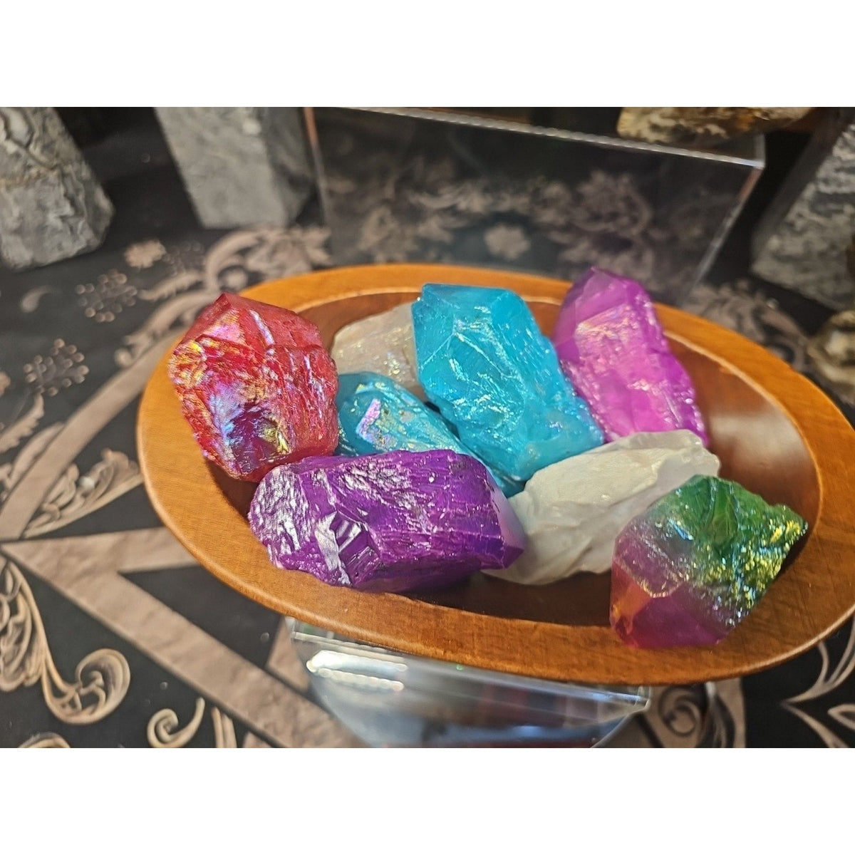 Aura Aqua Rainbow Quartz with Wooden Bowl – 1.29 lb