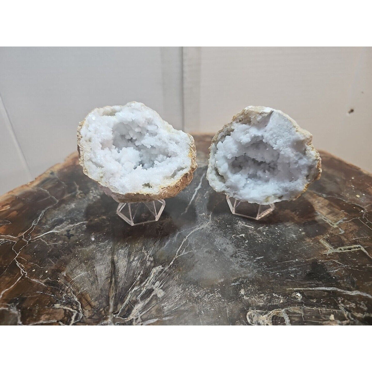 Moroccan Quartz Geode Pair with Display Stands — 1.18 lbs