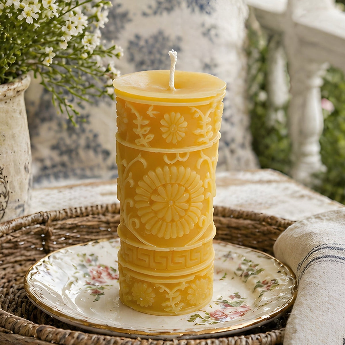 Luxury French Country Floral Pillar Candle