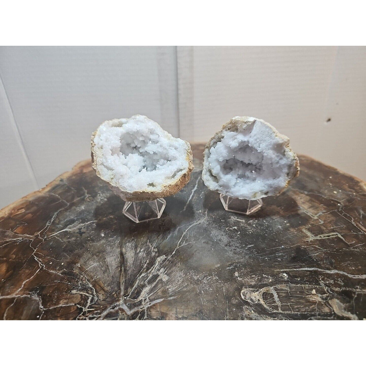 Moroccan Quartz Geode Pair with Display Stands — 1.18 lbs
