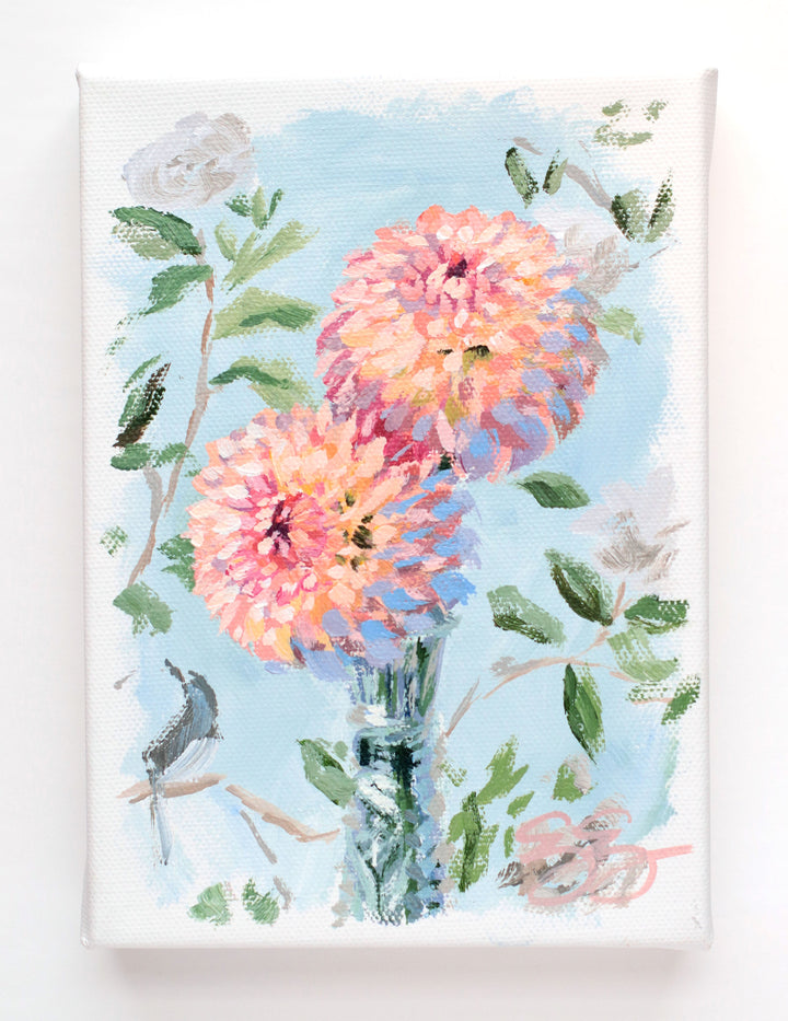 Best Buds: two peach dahlias in crystal vase (No. 503) - 5 x 7 acrylic painting on canvas
