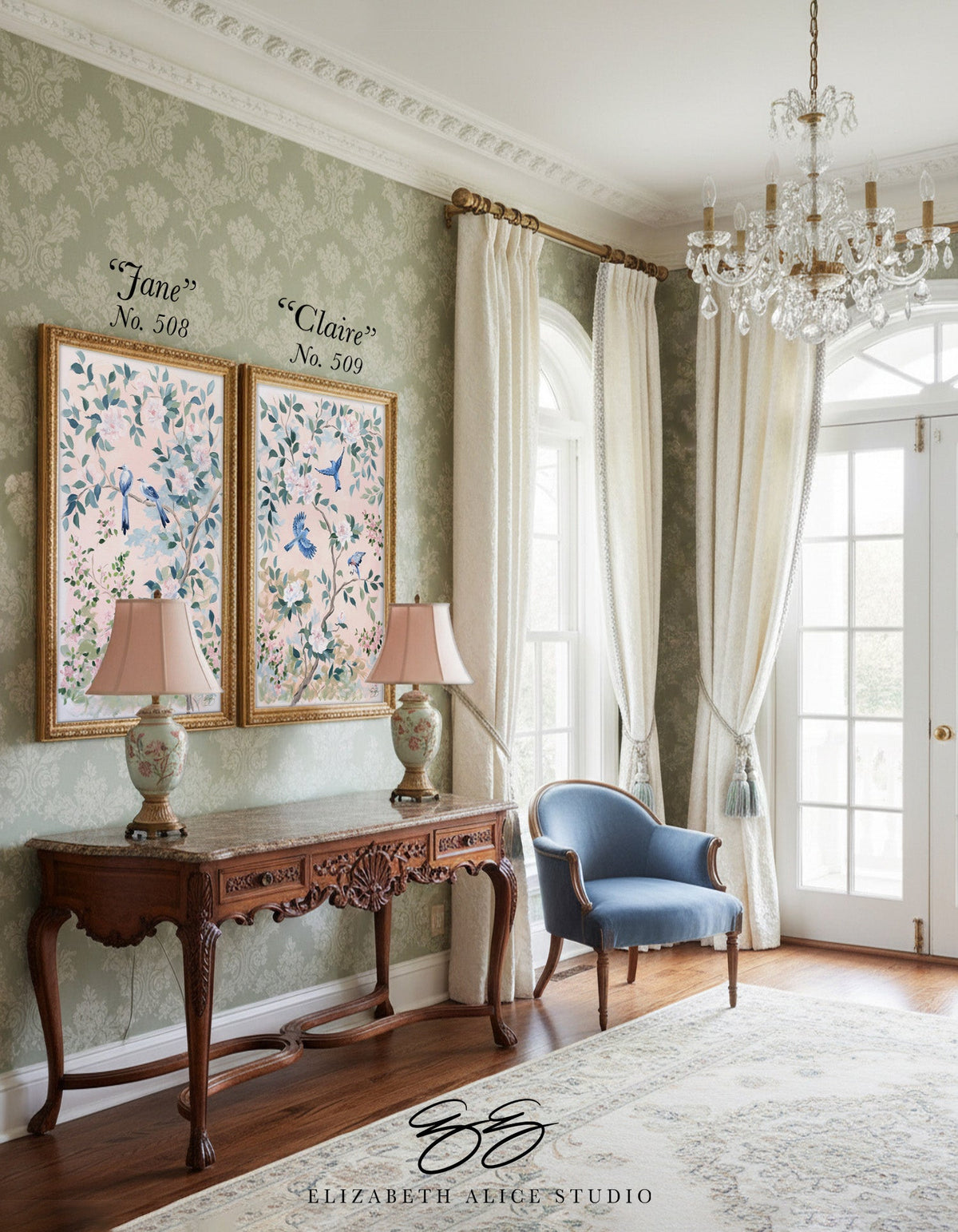 "Jane," Original blush pink chinoiserie painting with birds and flowers (No. 508) - 24 x 36