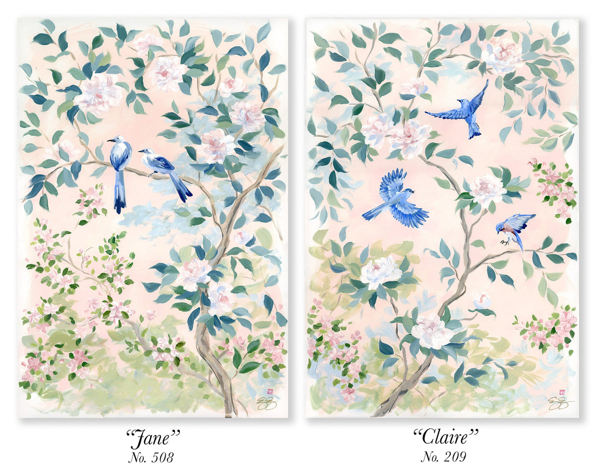 "Jane," Original blush pink chinoiserie painting with birds and flowers (No. 508) - 24 x 36