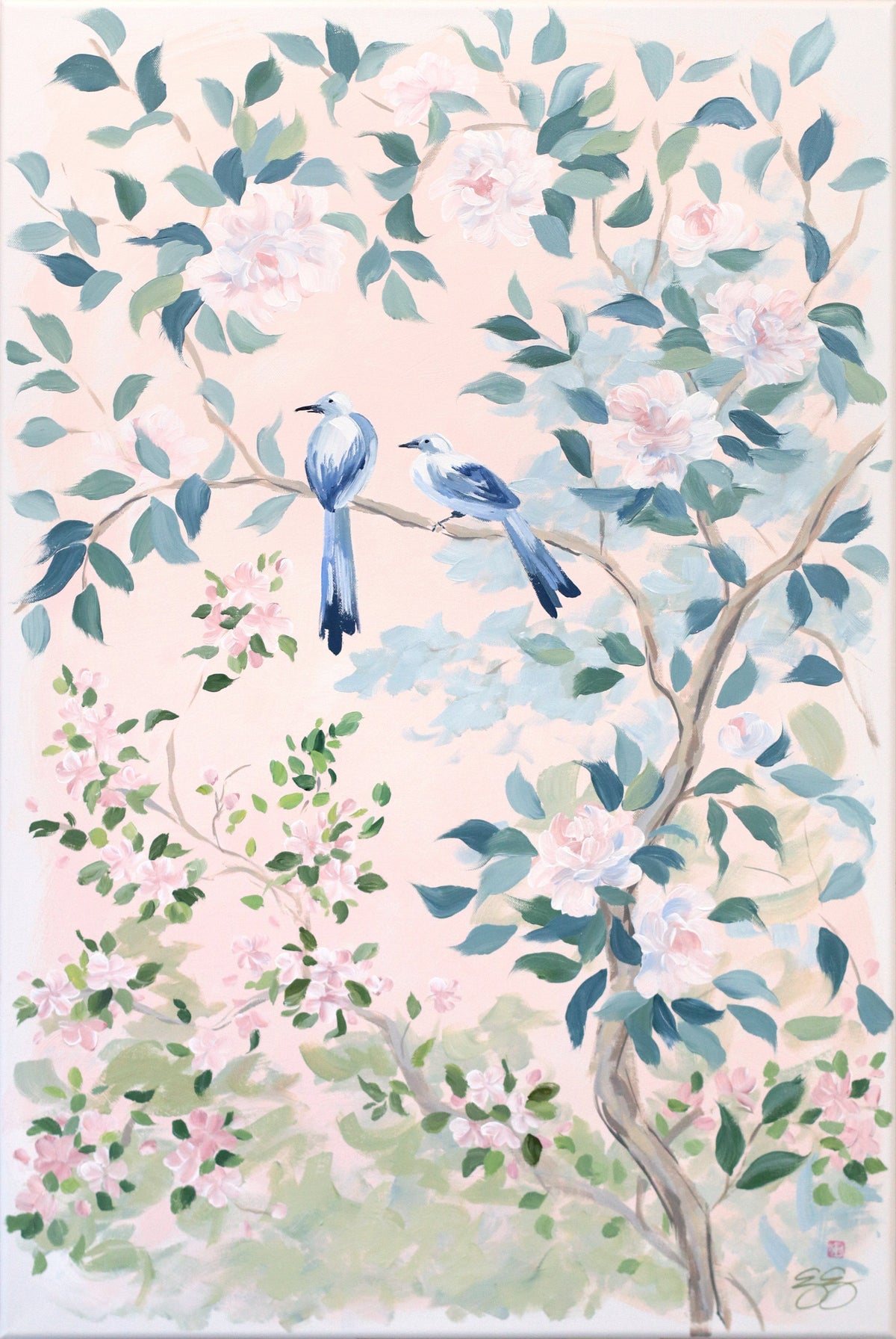 "Jane," Original blush pink chinoiserie painting with birds and flowers (No. 508) - 24 x 36
