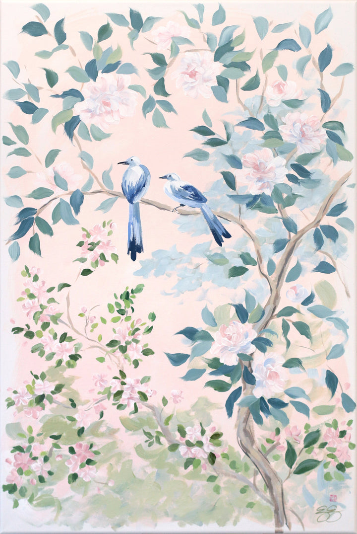 "Jane," Original blush pink chinoiserie painting with birds and flowers (No. 508) - 24 x 36