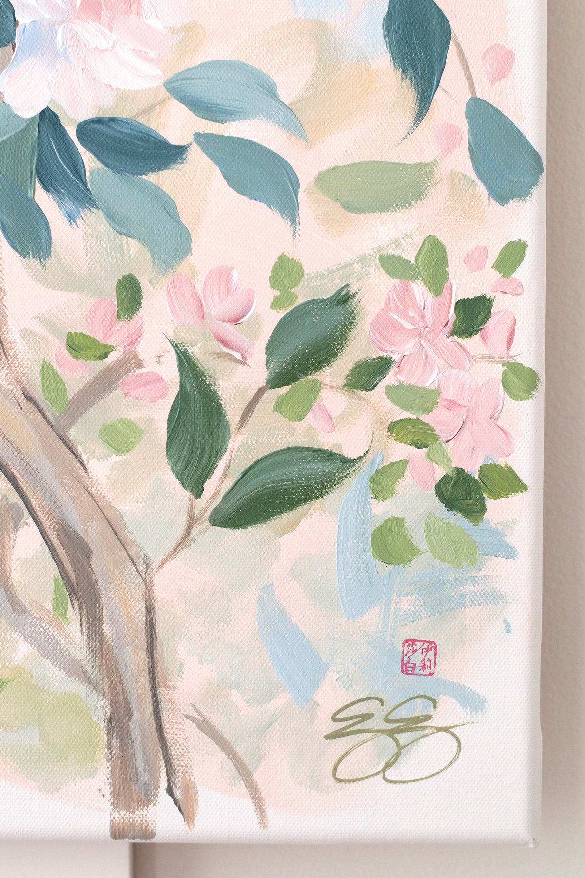 "Jane," Original blush pink chinoiserie painting with birds and flowers (No. 508) - 24 x 36