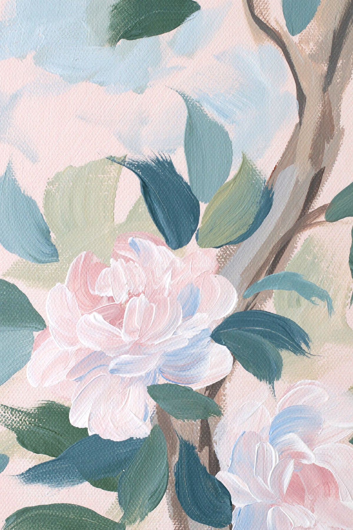 "Jane," Original blush pink chinoiserie painting with birds and flowers (No. 508) - 24 x 36