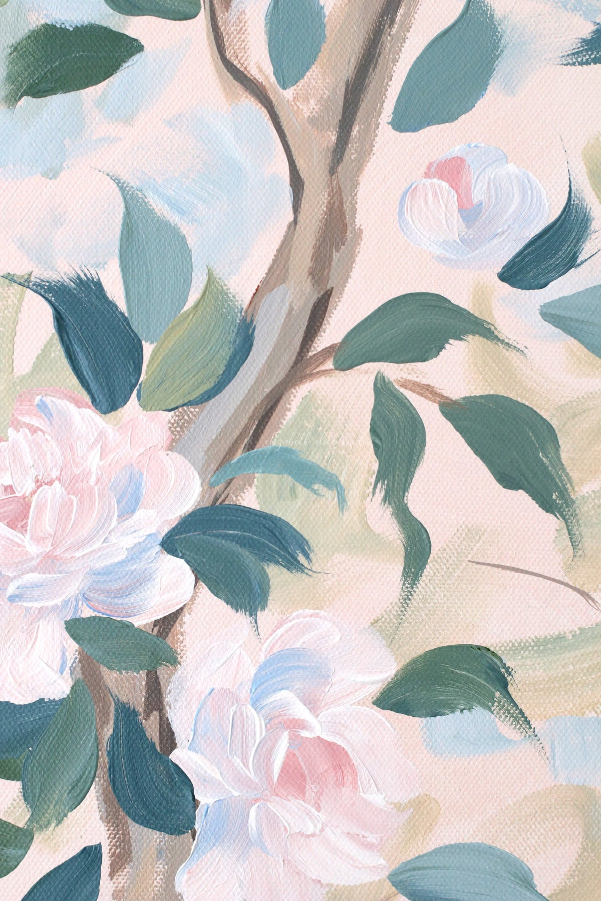 "Jane," Original blush pink chinoiserie painting with birds and flowers (No. 508) - 24 x 36
