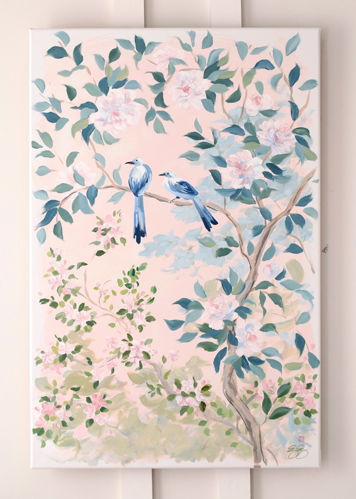 "Jane," Original blush pink chinoiserie painting with birds and flowers (No. 508) - 24 x 36