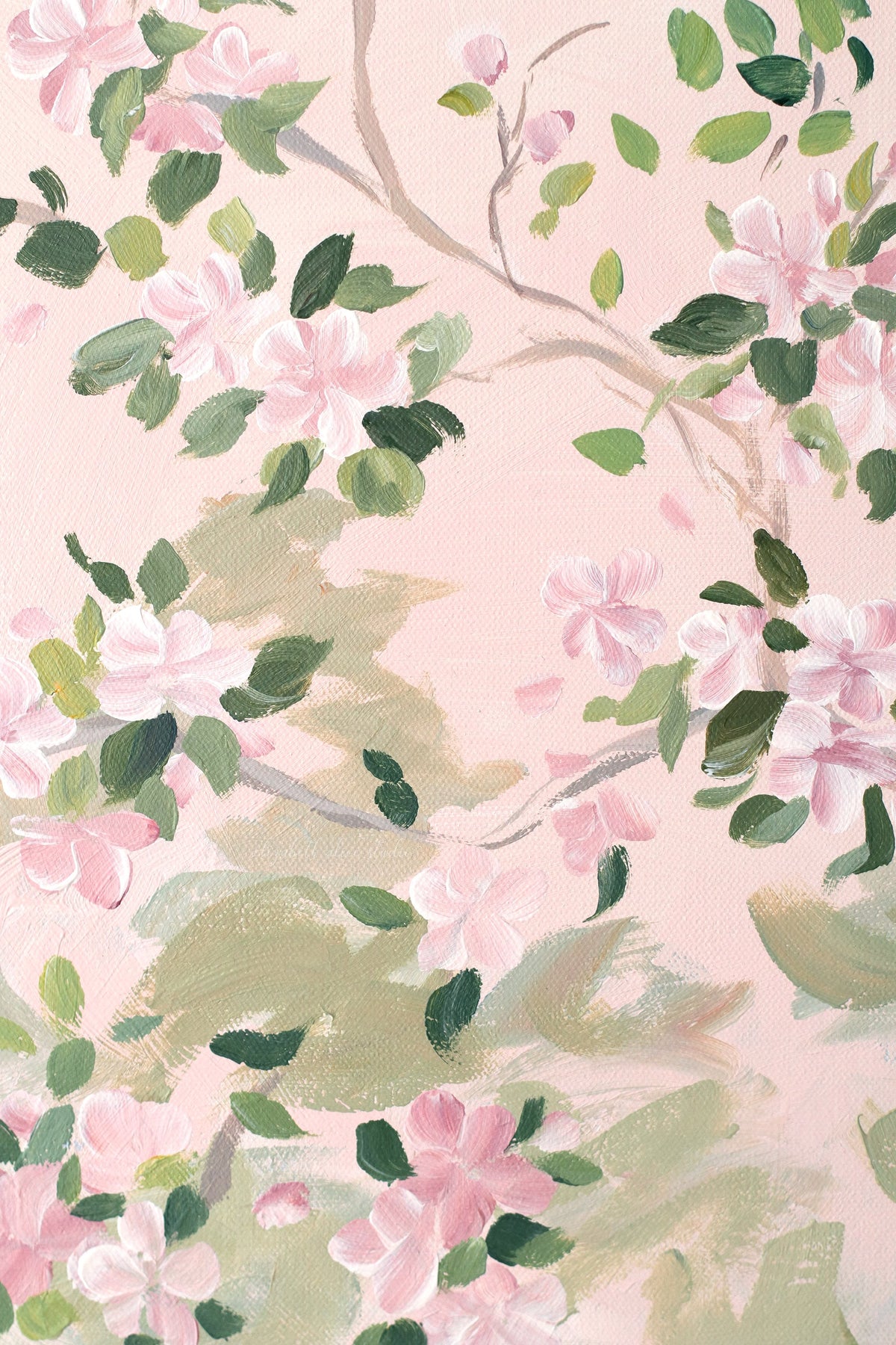 "Jane," Original blush pink chinoiserie painting with birds and flowers (No. 508) - 24 x 36