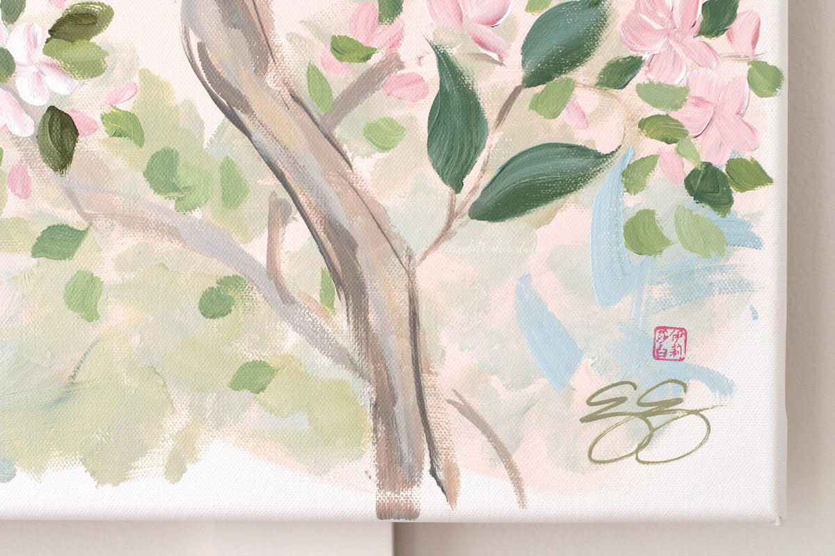 "Jane," Original blush pink chinoiserie painting with birds and flowers (No. 508) - 24 x 36