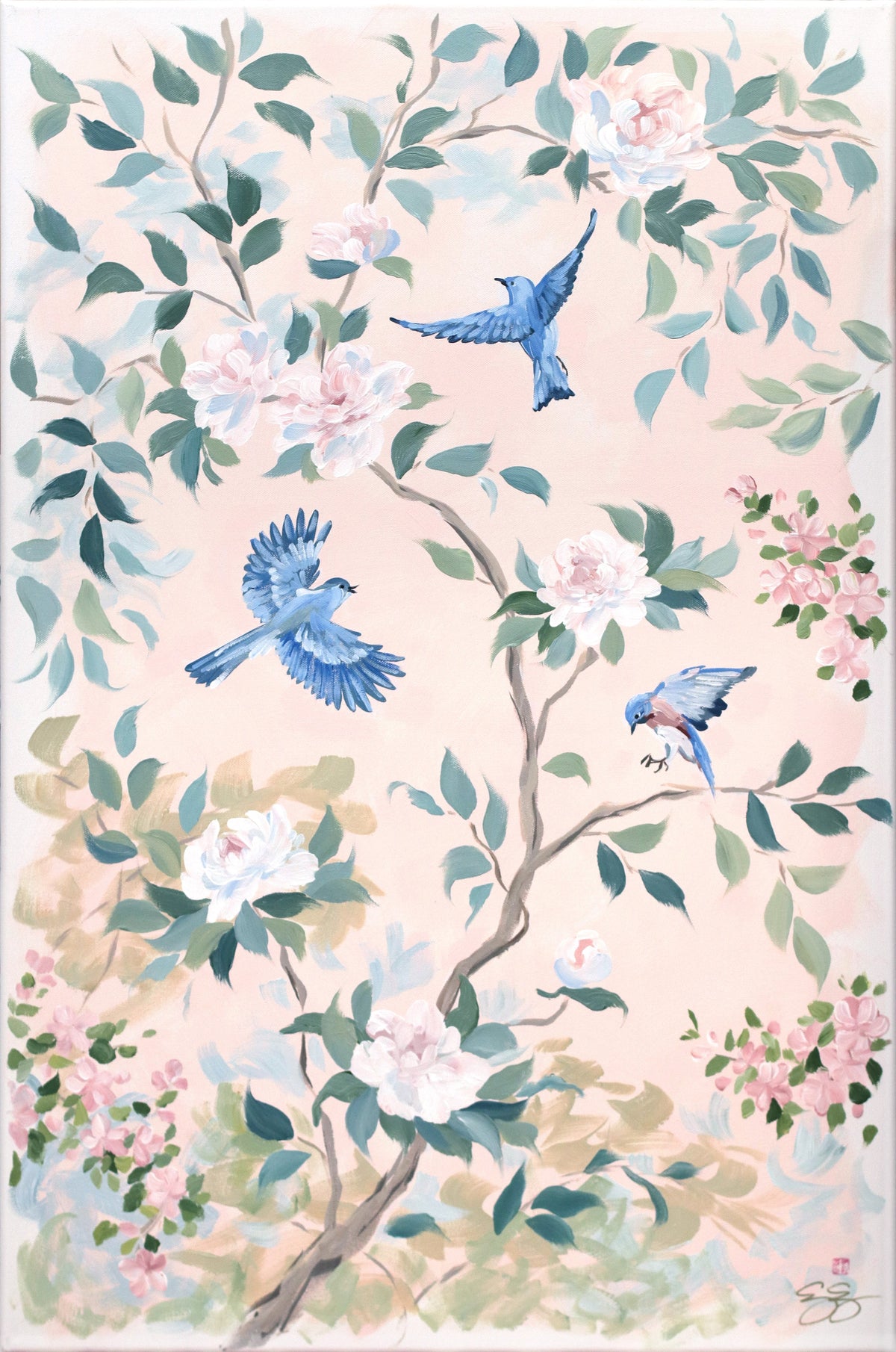 "Claire," Original blush pink chinoiserie painting with birds and flowers (No. 509) - 24 x 36