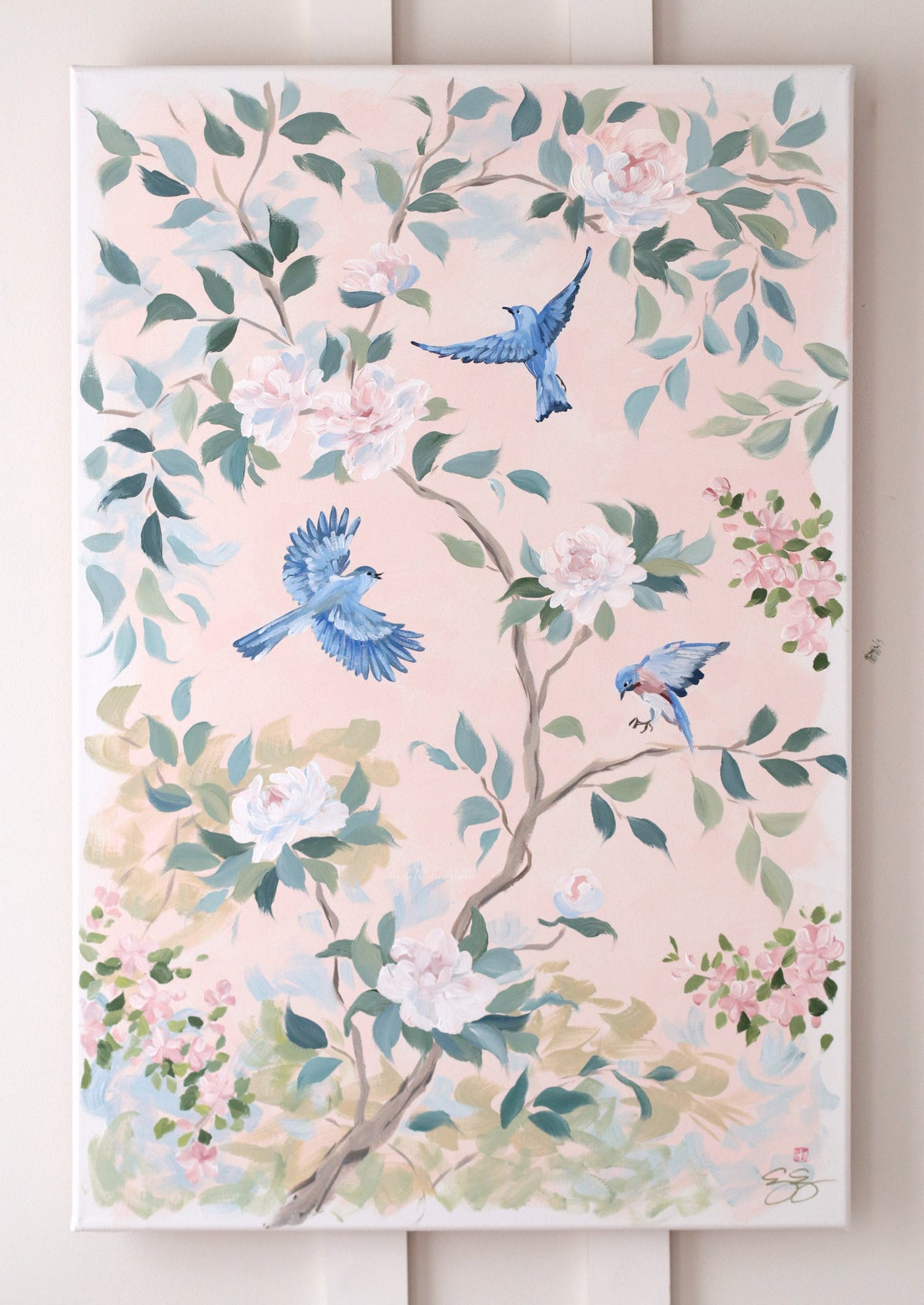 "Claire," Original blush pink chinoiserie painting with birds and flowers (No. 509) - 24 x 36