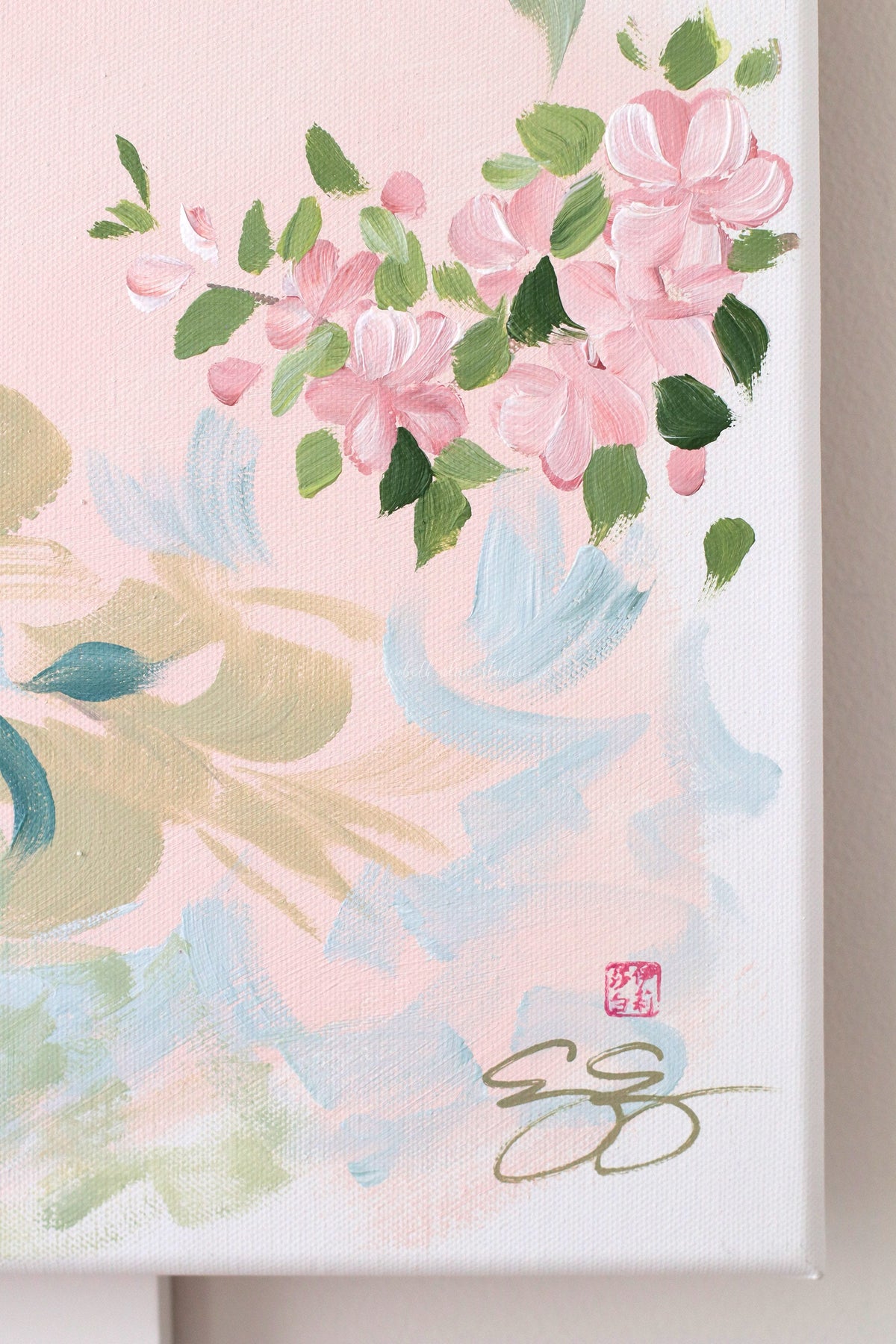 "Claire," Original blush pink chinoiserie painting with birds and flowers (No. 509) - 24 x 36