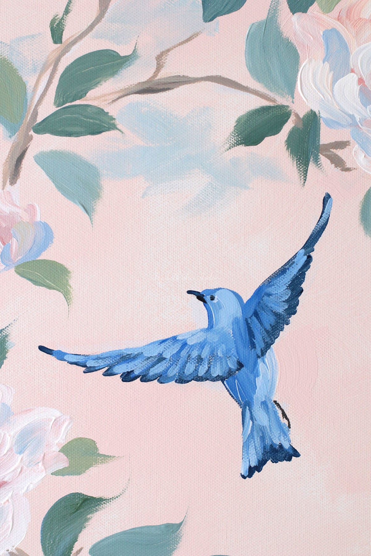 "Claire," Original blush pink chinoiserie painting with birds and flowers (No. 509) - 24 x 36