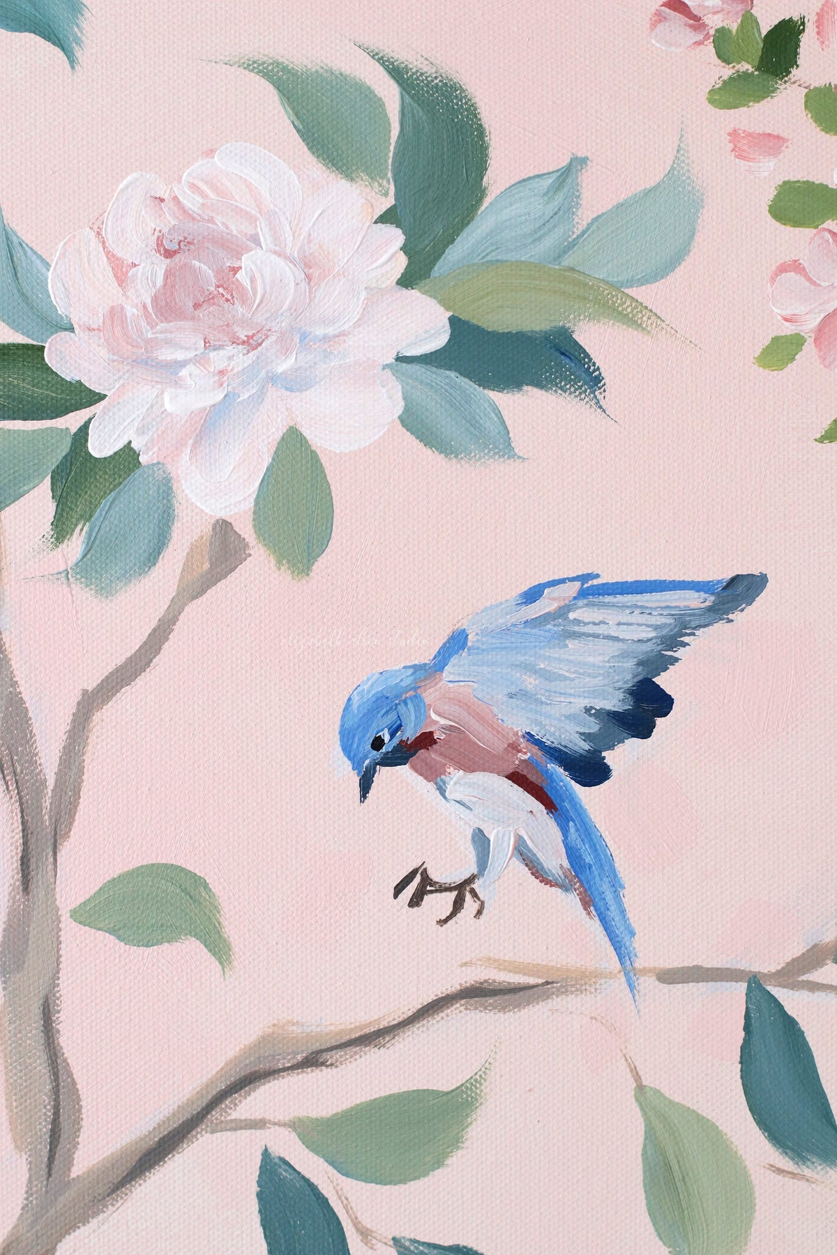 "Claire," Original blush pink chinoiserie painting with birds and flowers (No. 509) - 24 x 36